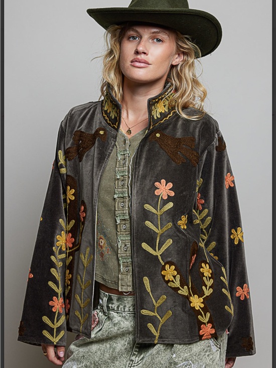 POL Jackets & Blazers - POL Velvet Floral Embroidered Jacket in Charcoal